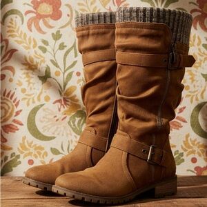 Xappeal Tan Chelsey Boots with Knit Cuff High Calf Fashion Riding Size 7.5